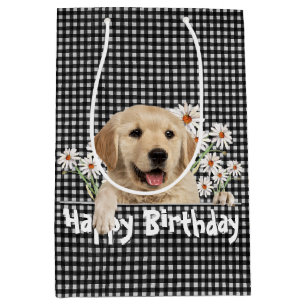 Sac Cadeau Moyen Anniversaire Golden Retriever En vichy
