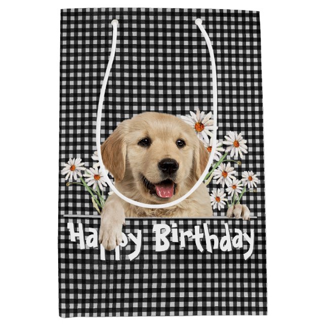 Sac Cadeau Moyen Anniversaire Golden Retriever En vichy (Devant)