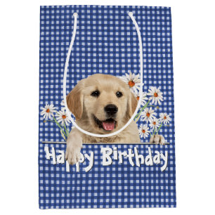 Sac Cadeau Moyen Anniversaire Golden Retriever En vichy