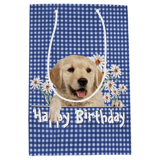 Sac Cadeau Moyen Anniversaire Golden Retriever En vichy (Devant)