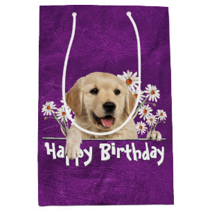 Sac Cadeau Moyen Anniversaire Golden Retriever Sur Cuir Violet