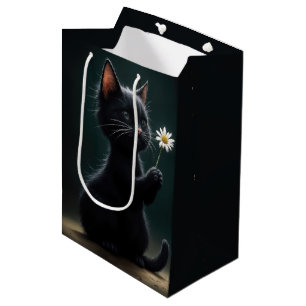 Sac Cadeau Moyen Anniversaire Kitten noir avec une marguerite blanc
