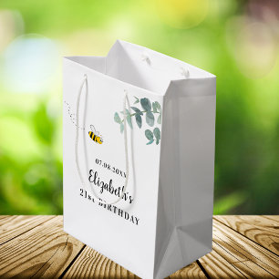 Sac Cadeau Moyen Anniversaire mignon abeille monogramme eucalyptus