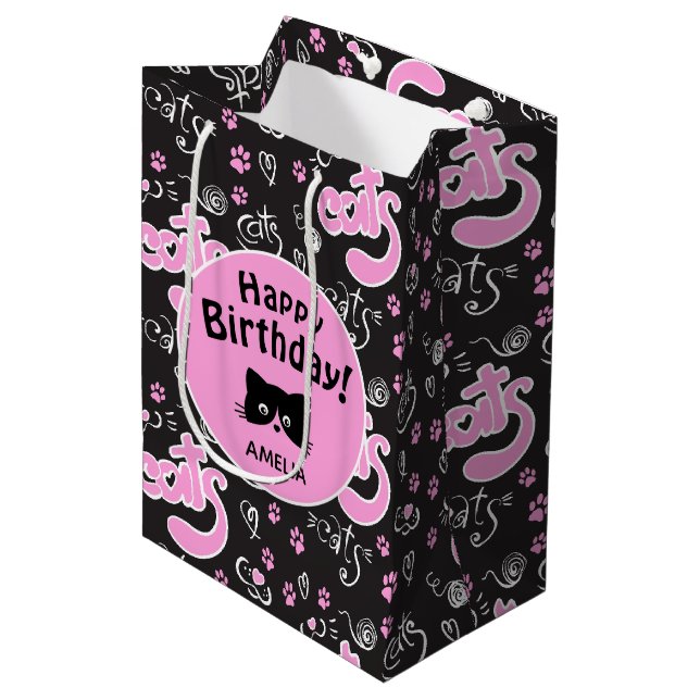 Sac Cadeau Moyen Anniversaire personnalisé Amoureux des chats rose  (Devant Angle)
