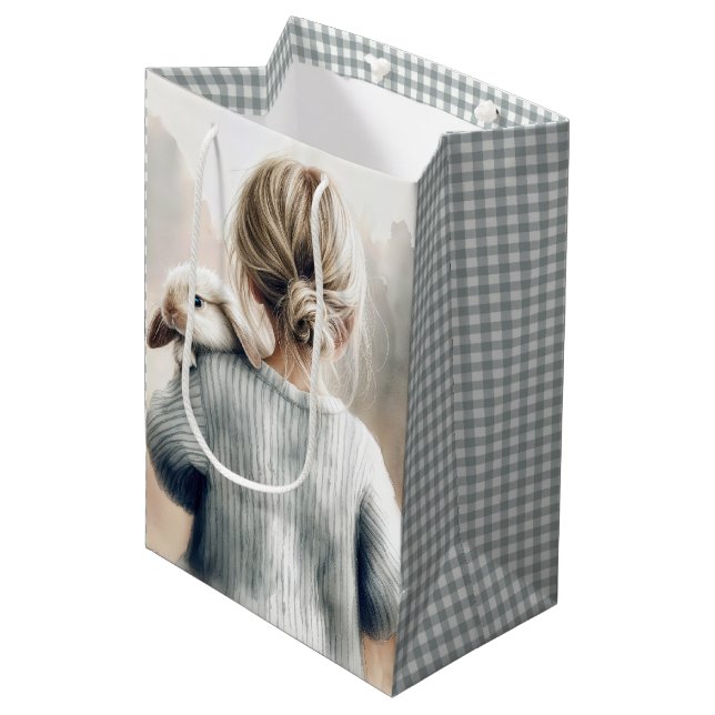 Sac Cadeau Moyen Anniversaire Petite fille avec animal de compagnie (Devant Angle)