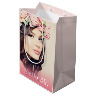 Sac Cadeau Moyen Anniversaire photo bonjour 30 or rose