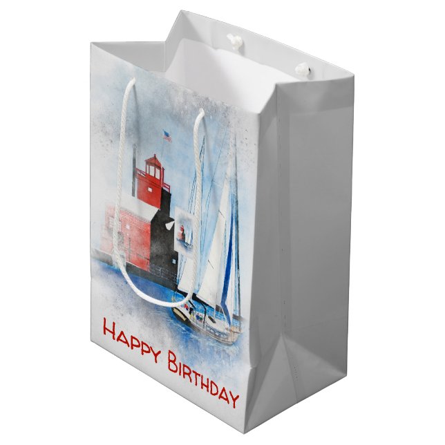 Sac Cadeau Moyen Anniversaire Red Michigan Lighthouse avec voilier (Devant Angle)