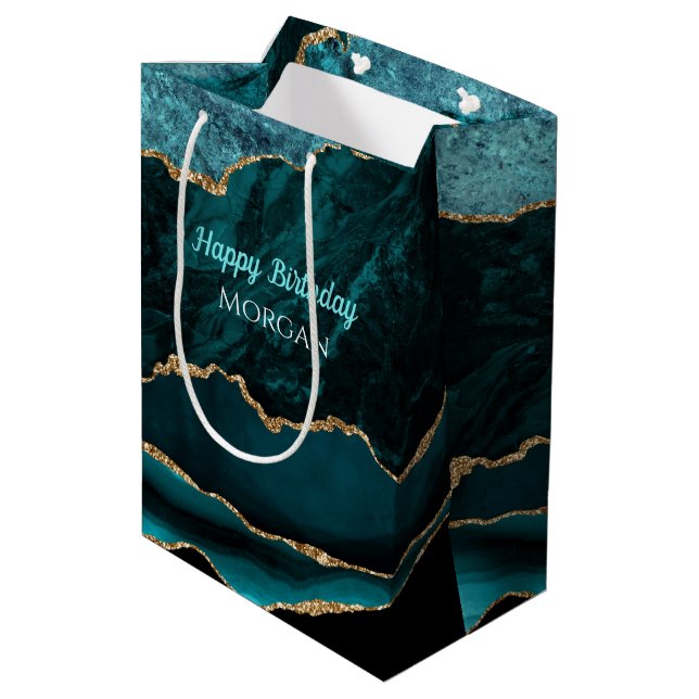 Sac Cadeau Moyen Anniversaire, sarcelle, or et agate noire, nom bla (Dos Angle)