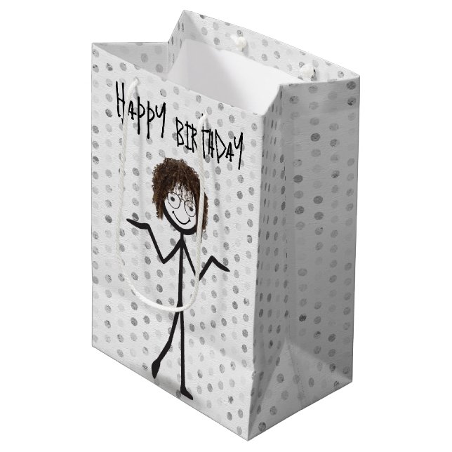 Sac Cadeau Moyen Anniversaire Stick Figure Girl avec cheveux et lun (Devant Angle)