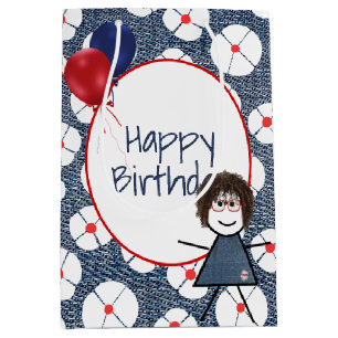 Sac Cadeau Moyen Anniversaire Stick Girl avec cheveux