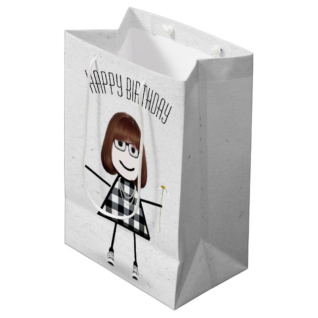 Sac Cadeau Moyen Anniversaire Stick Girl avec marguerite (Devant Angle)