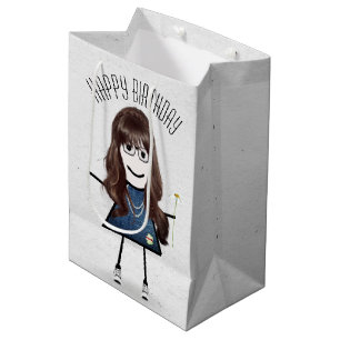 Sac Cadeau Moyen Anniversaire Stick Girl avec marguerite
