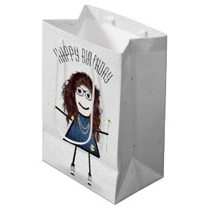 Sac Cadeau Moyen Anniversaire Stick Girl avec marguerite