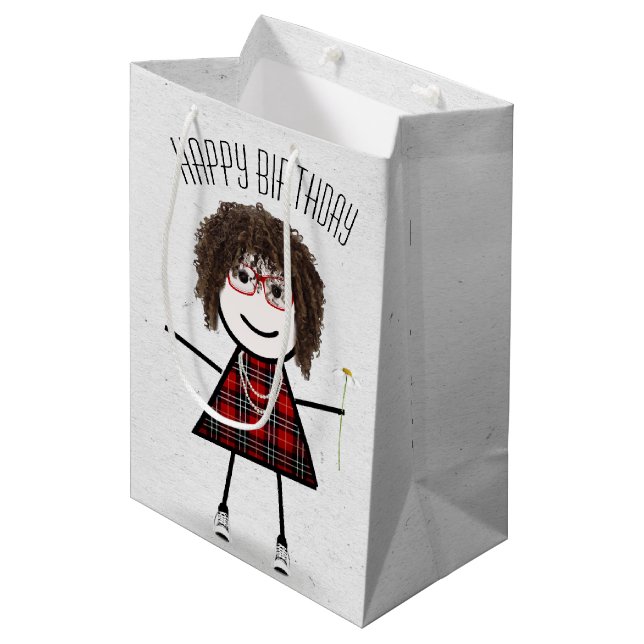 Sac Cadeau Moyen Anniversaire Stick Girl avec marguerite (Devant Angle)