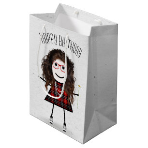 Sac Cadeau Moyen Anniversaire Stick Girl avec marguerite