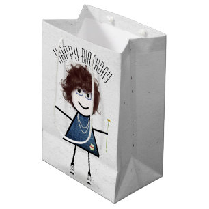 Sac Cadeau Moyen Anniversaire Stick Girl avec marguerite