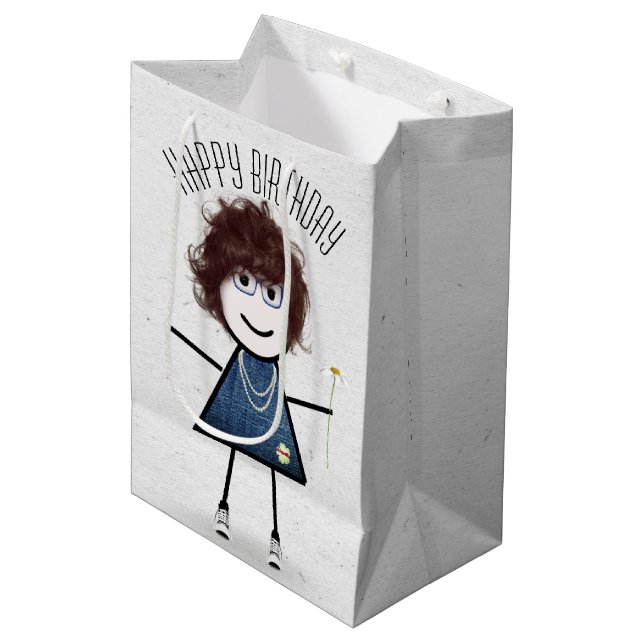Sac Cadeau Moyen Anniversaire Stick Girl avec marguerite (Devant Angle)