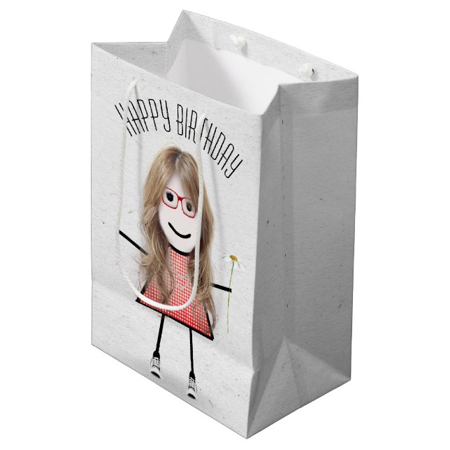 Sac Cadeau Moyen Anniversaire Stick Girl avec marguerite (Devant Angle)