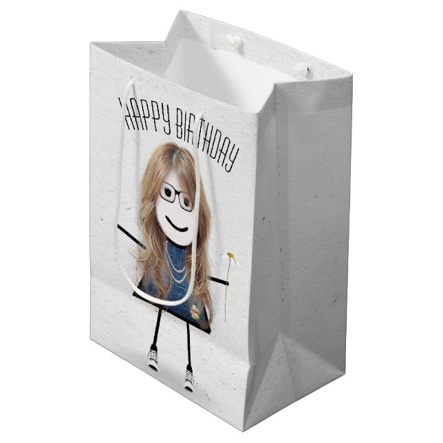 Sac Cadeau Moyen Anniversaire Stick Girl avec marguerite (Devant Angle)