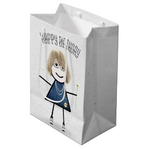Sac Cadeau Moyen Anniversaire Stick Girl avec marguerite