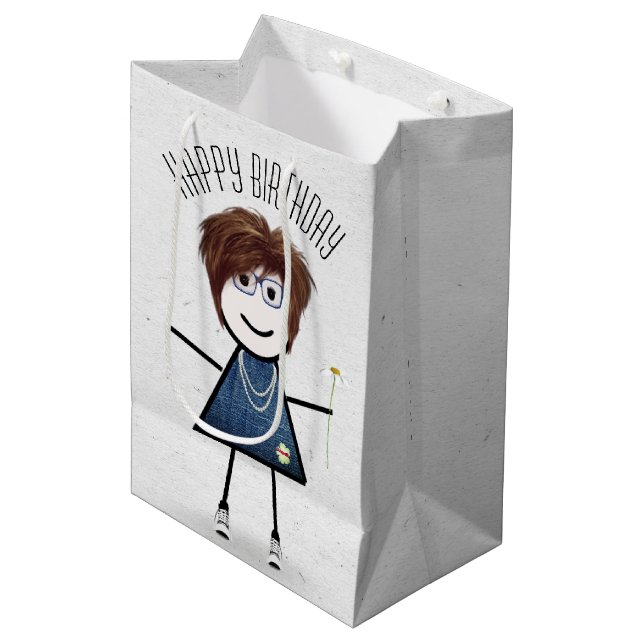 Sac Cadeau Moyen Anniversaire Stick Girl avec marguerite (Devant Angle)
