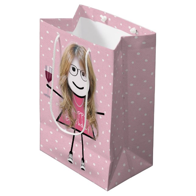 Sac Cadeau Moyen Anniversaire Stick Girl sur Pois (Devant Angle)