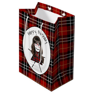 Sac Cadeau Moyen Anniversaire Stick Girl sur Tartan Plaid