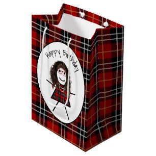 Sac Cadeau Moyen Anniversaire Stick Girl sur Tartan Plaid