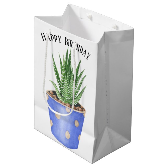 Sac Cadeau Moyen Anniversaire Succulent Dans Polka Dot Pot (Devant Angle)