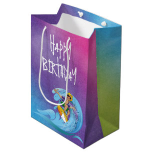 Sac Cadeau Moyen Anniversaire surfer sur la vague arc-en-ciel