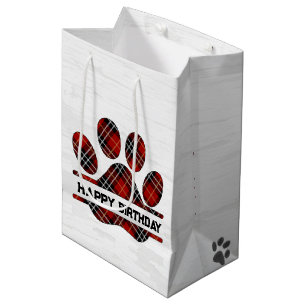 Sac Cadeau Moyen Anniversaire Tartan Plaid Empreinte de patte