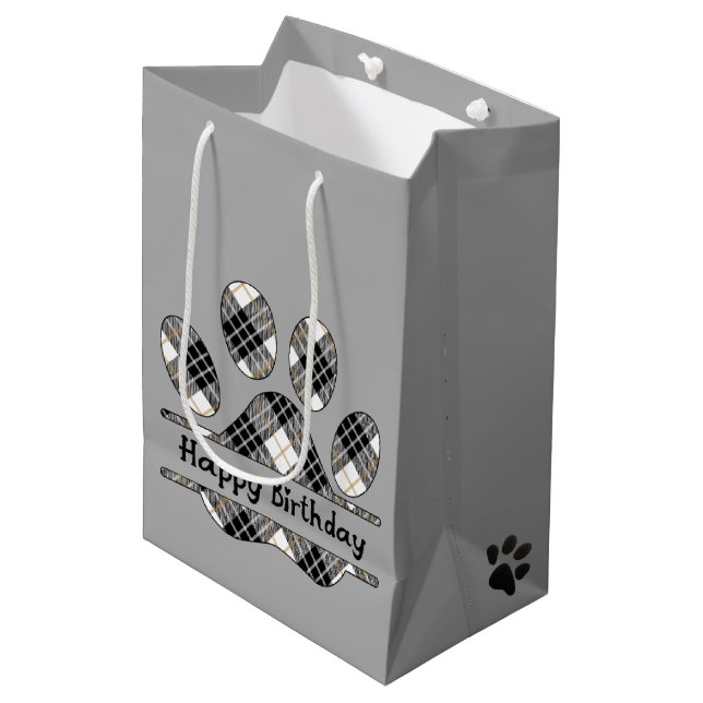 Sac Cadeau Moyen Anniversaire Tartan Plaid Empreinte de patte Sur G (Devant Angle)