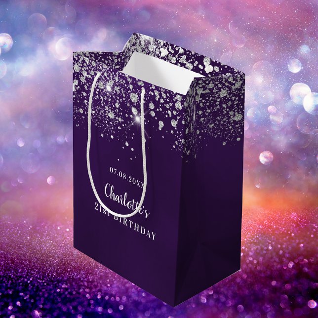 Sac Cadeau Moyen Anniversaire violet argent parties scintillant mon (Créateur téléchargé)