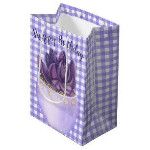 Sac Cadeau Moyen Anniversaire Violet Pot Succulent sur En vichy