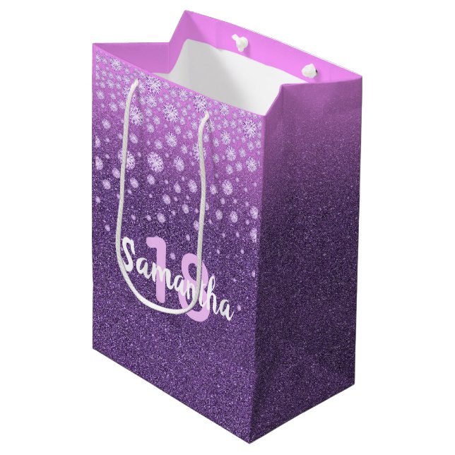 Sac Cadeau Moyen Anniversaire violet rose parties scintillant nom d (Devant Angle)