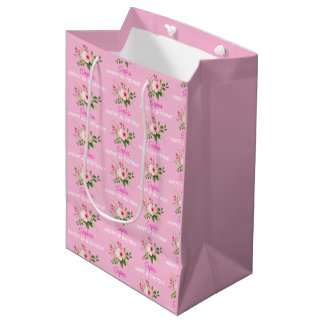 Sac Cadeau Moyen Any Birthday, Name, Pink Watercolor Flower