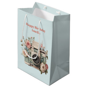 Sac Cadeau Moyen Appareil photo avec fleurs Image rétro pastel Anni