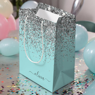 Sac Cadeau Moyen Aqua Bleu Turquoise Argent Paillettes Monogramme