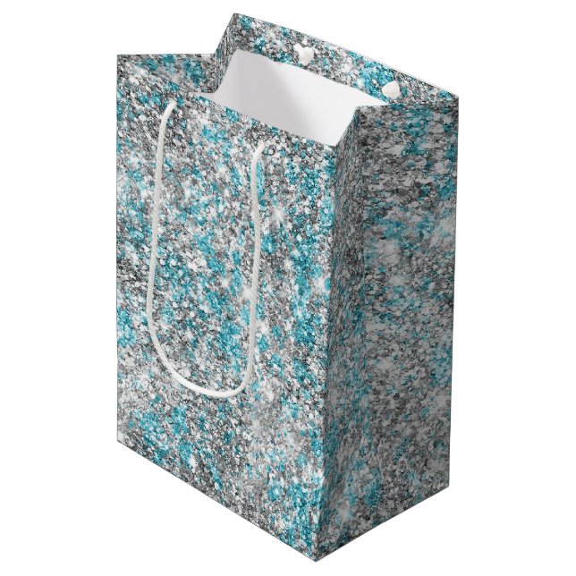 Sac Cadeau Moyen Aqua Silver Unicorn Parties scintillant étincelle (Devant Angle)