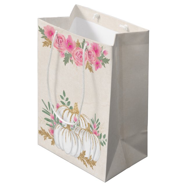 Sac Cadeau Moyen Aquarelle blanche et Citrouille or (Devant Angle)