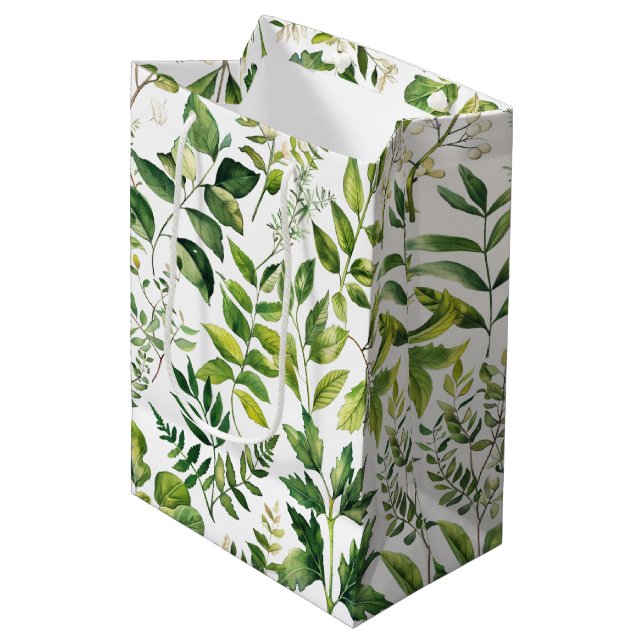 Sac Cadeau Moyen Aquarelle Botanique Vert feuilles (Devant Angle)