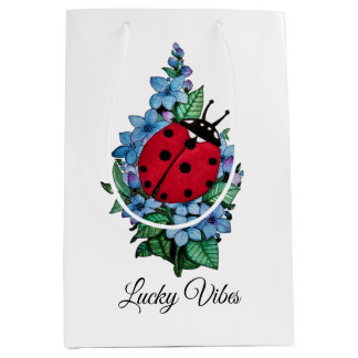Sac Cadeau Moyen Aquarelle Cute Ladybird Avec Fleurs Bleues Sauvage