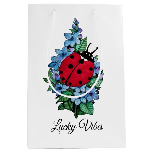 Sac Cadeau Moyen Aquarelle Cute Ladybird Avec Fleurs Bleues Sauvage (Devant)