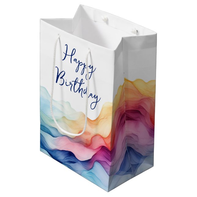 Sac Cadeau Moyen Aquarelle d'anniversaire Rainbow Waves (Devant Angle)
