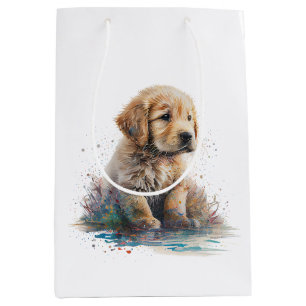 Sac Cadeau Moyen Aquarelle de marionnettes Golden Retriever AI Art