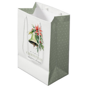 Sac Cadeau Moyen Aquarelle de Noël Bell Pine Poinsettia Folithe