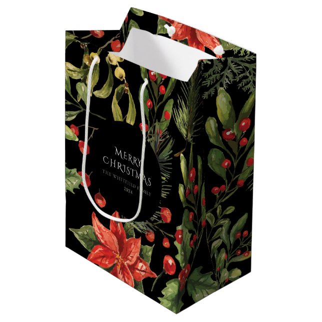 Sac Cadeau Moyen Aquarelle de Noël Floral Botanique Personnalisé (Devant Angle)