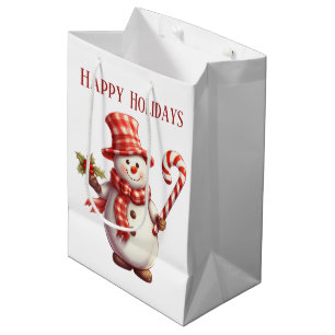Sac Cadeau Moyen aquarelle festive menthe poivrée bonhomme de neige