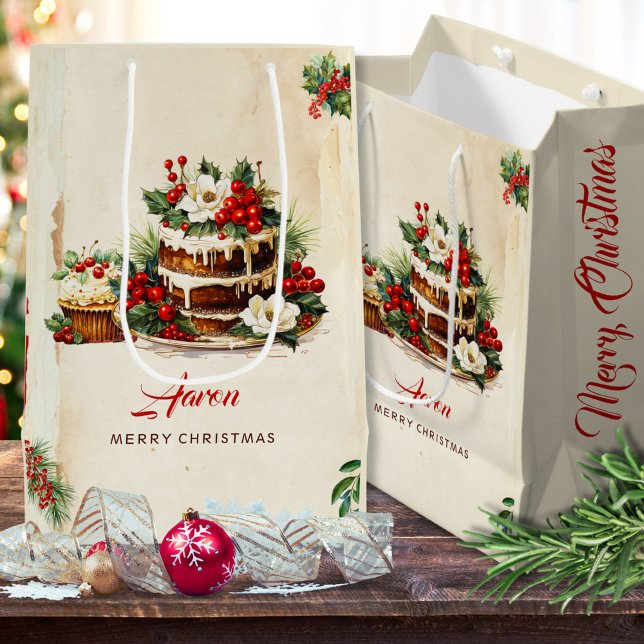 Sac Cadeau Moyen Aquarelle Feuilles scandinaves Joyeux Noël (Créateur téléchargé)