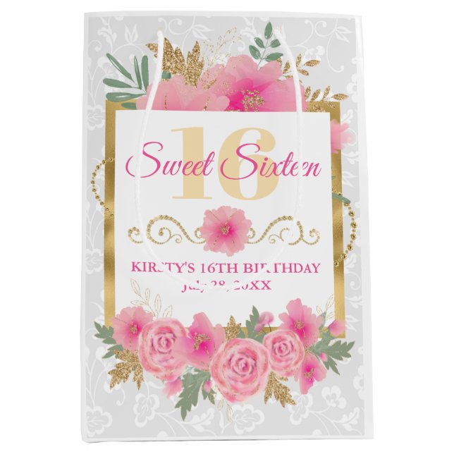 Sac Cadeau Moyen Aquarelle Fleurs roses et Sweet sixteen d'huile d' (Devant)